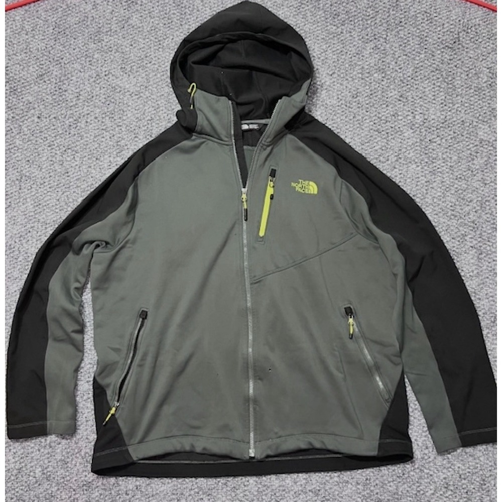 The North Face Gray Black Zip Stand-Up Collar Hooded Jacket Logo Men's Mid-Leng…